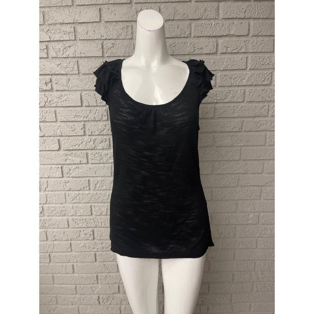 Cable and Gauge Women Black Sheer Ruffle Shoulder Sleeveless Top Size M